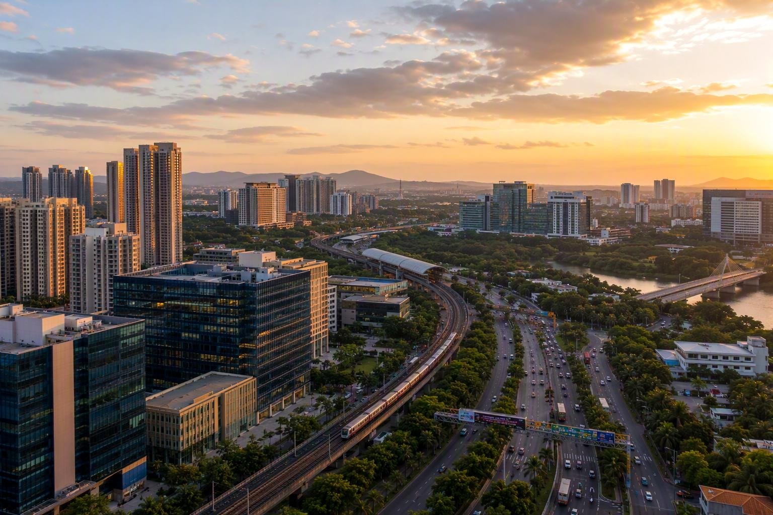 Navi Mumbai skyline at sunset with rail and highway corridor