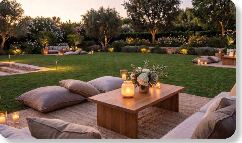 Tata Orbis landscaped garden lawn at dusk with lounge seating