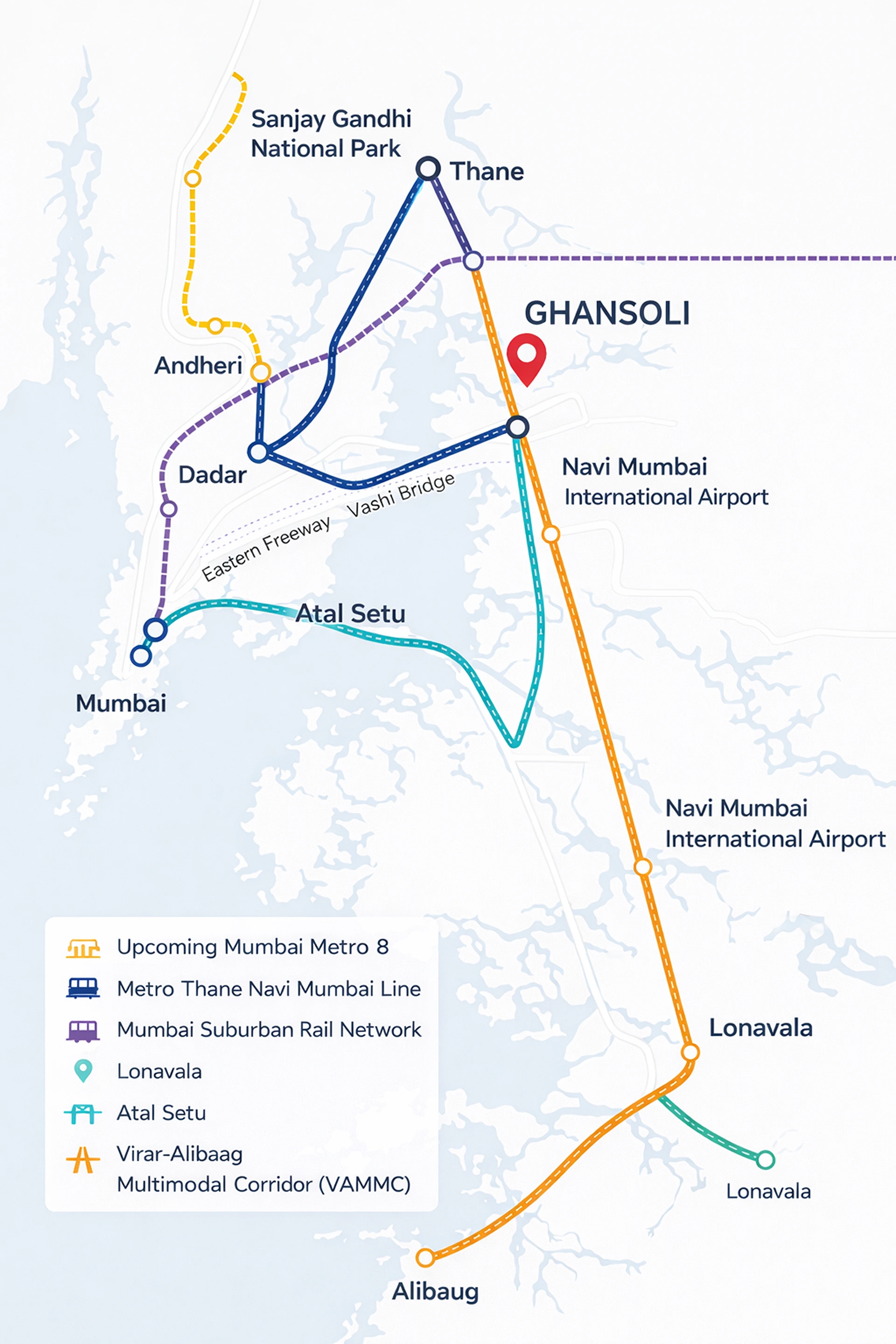 Tata Orbis Ghansoli connectivity map — Metro 8, Atal Setu, VAMMC